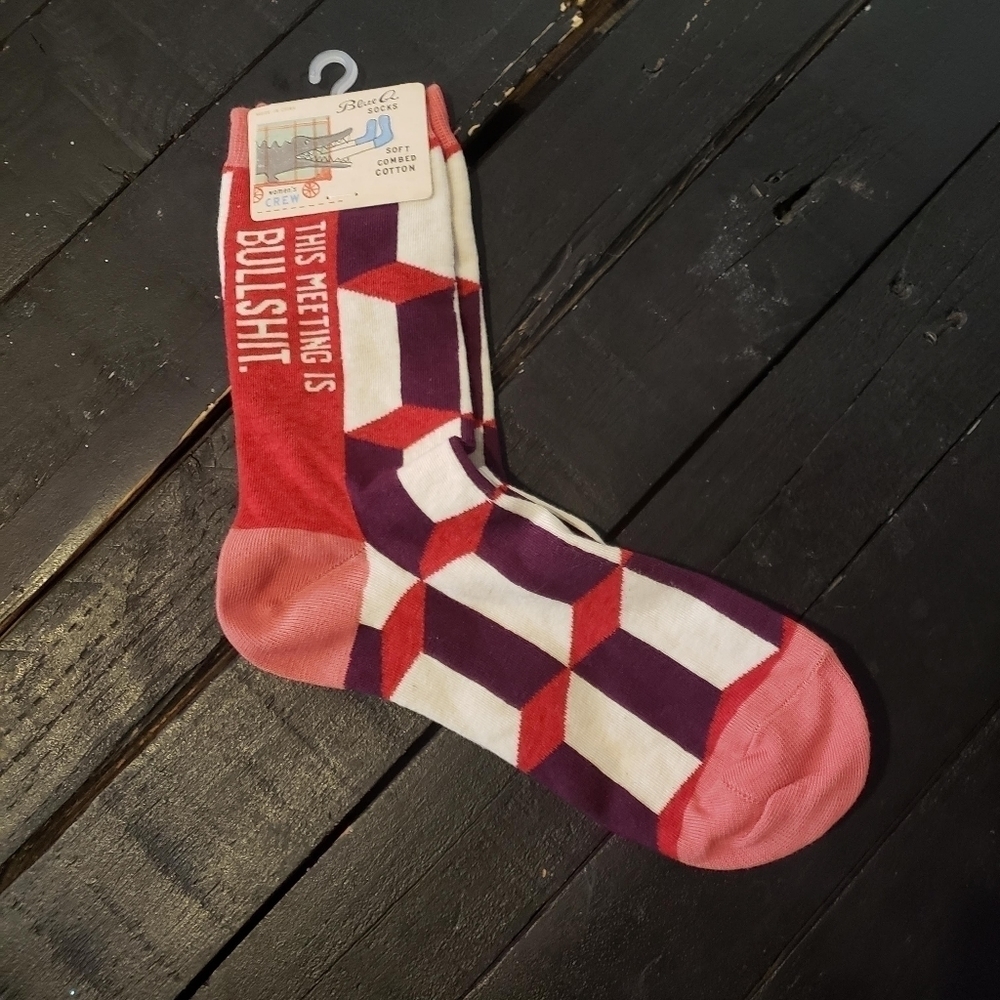 Blue Q NWT Women's Crew Socks 5-10 Pink Red Cream This Meeting is Bullsh!t Funny